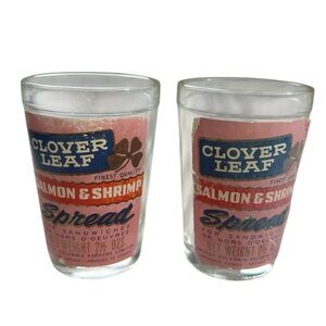 VINTAGE CLOVER LEAF SALMON & SHRIMP SPREAD GLASS JARS (SET OF 2)